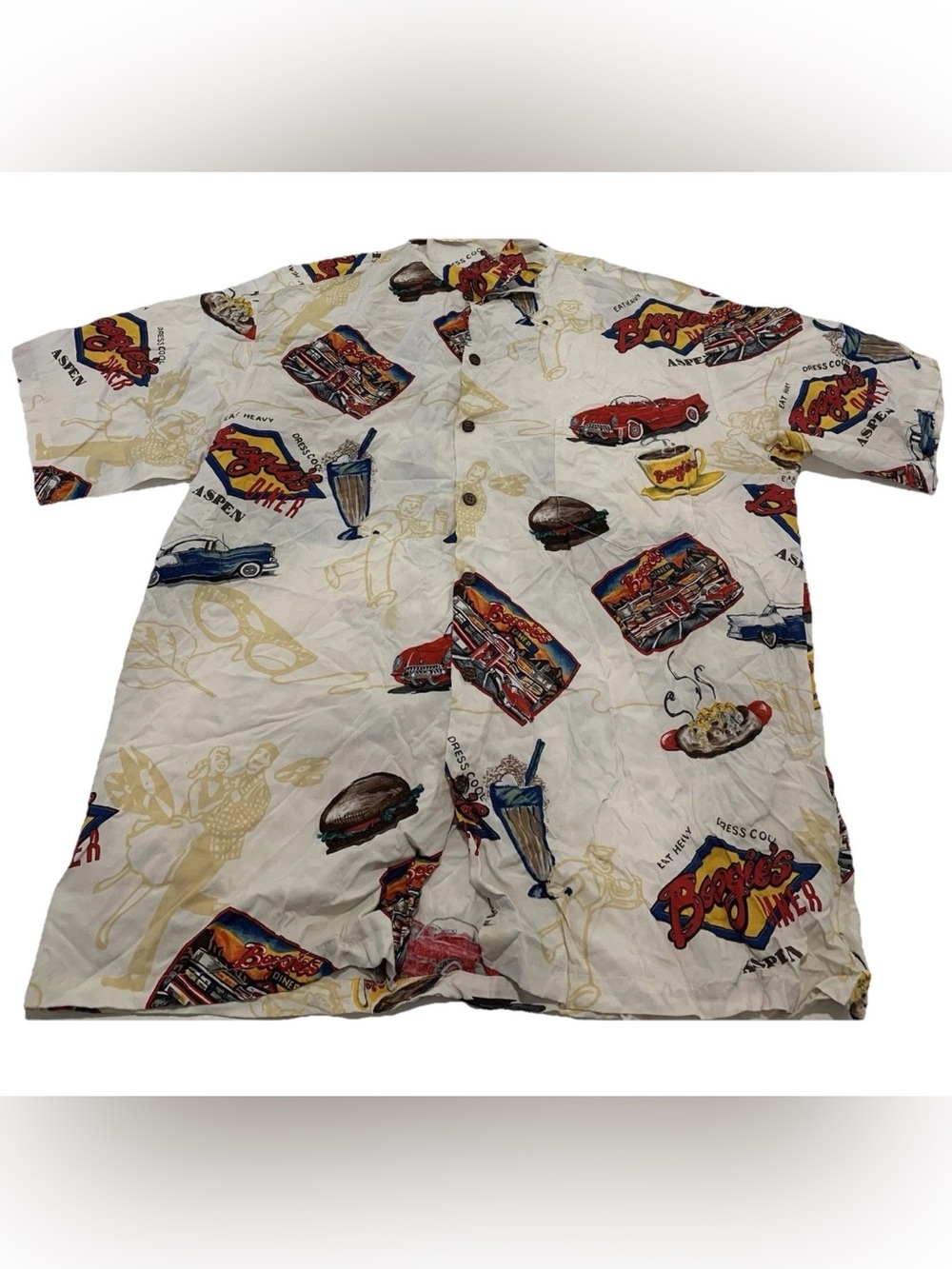 Tori Richard diner-themed Hawaiian button-down shirt Vintage Men XL